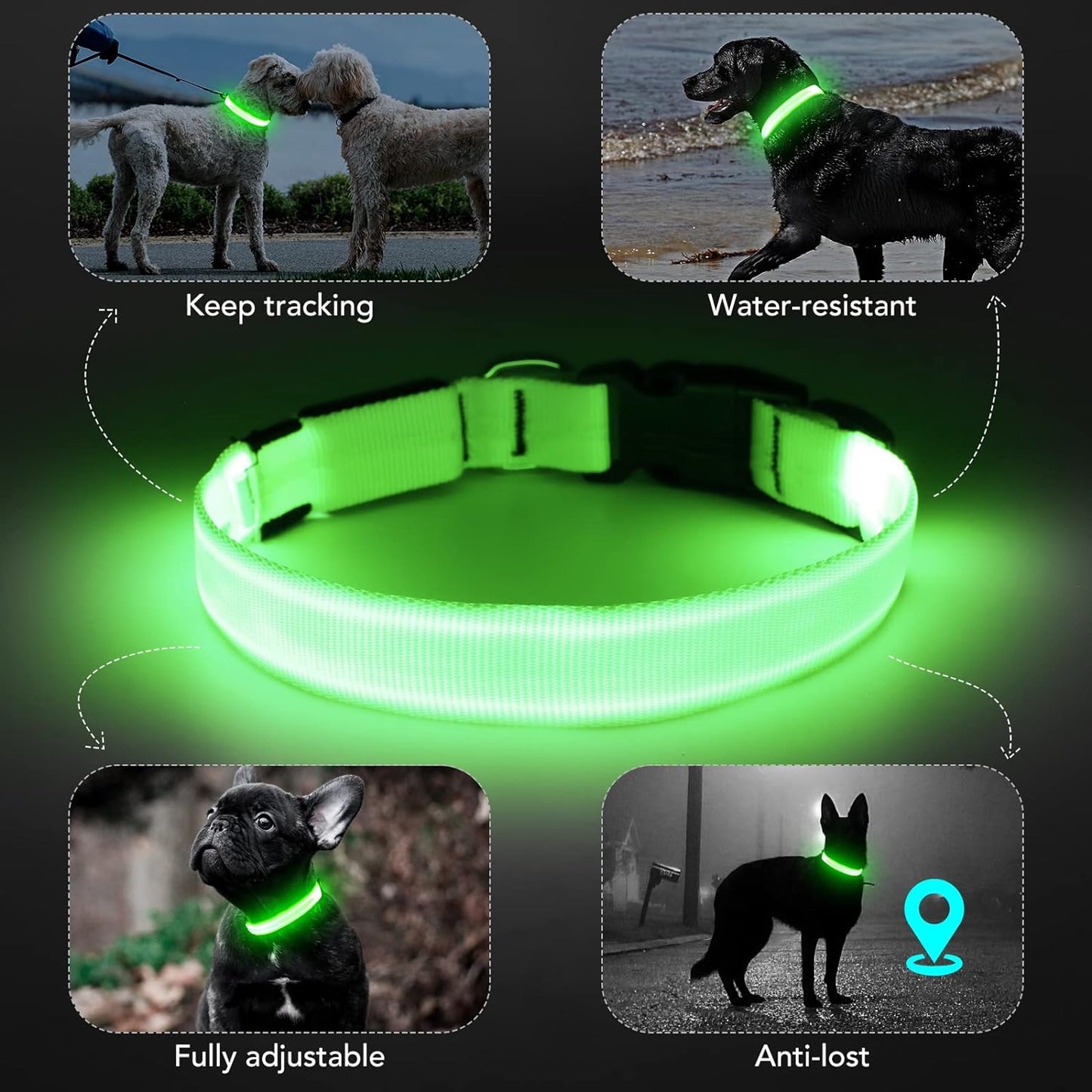 Light up Dog Collar at Night, Led Dog Collar Adjustable, Lighted Dog Collar Rechargeable Waterproof, Dog Lights for Night Walking, Glow in the Dark Dog Collars Light for Medium Large Dogs GL